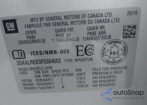 2015 GMC Terrain Sle-2 из США, поврежденный, VIN 2GKALREK3F6384662